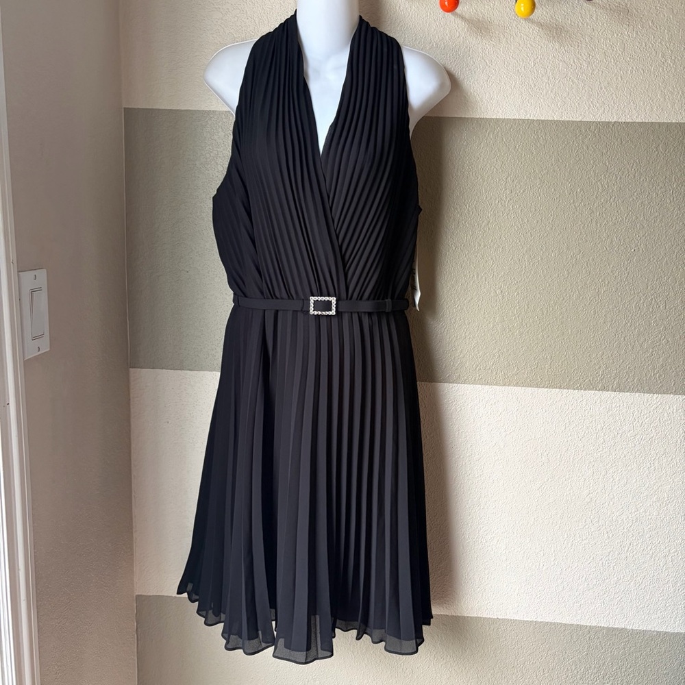 NWT J. Ribkoff Couture Women 16 Black Pleated Cocktail Dress Belt Sparkle V Neck